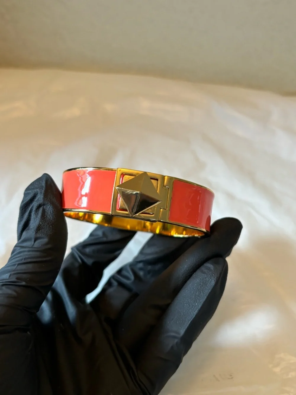 ❗️Sale❗️ ✨Kate Spade Coral Enamel Cuff with Gold Pyramid Stud✨ - Picture 6 of 13